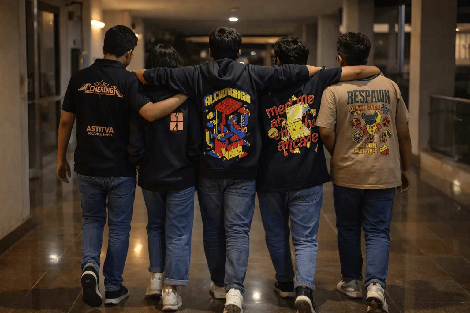 Alcheringa 2025 IIT Guwahati 8-Bit Escapade fest merch — Respawn round neck tee, oversized arcade tee, hoodies and polos